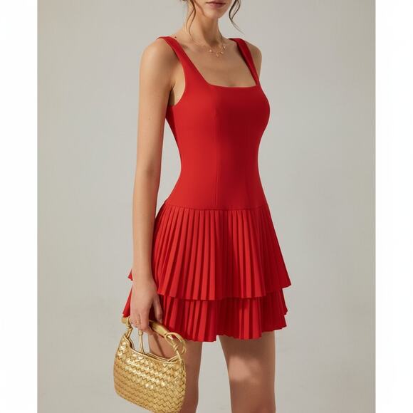 Commense Red Pleated Square-Neck Mini Dress – Size XL - Picture 3 of 6